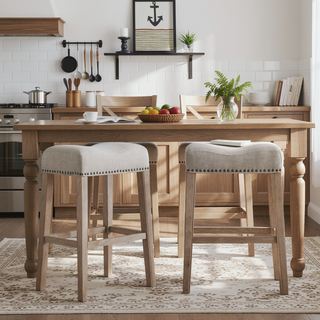 Sunvega Genuine Wood Weathered Grain Upholstered Saddle Seat Bar Stools Set of 2