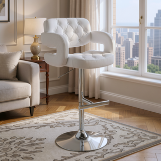 Sunvega Adjustable Bar Stool with Upholstered Seat and Pedestal Base in White Finish