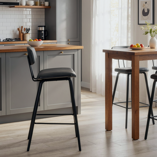 Sunvega 28.5 Inch Bar Height Stool with Gray Faux Leather and Black Wood Mid-Century Modern