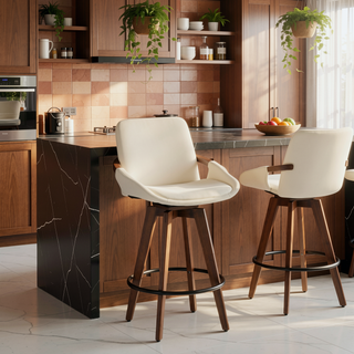 Sunvega Mid-Century Modern Counter Stool with Walnut Finish and Faux Leather