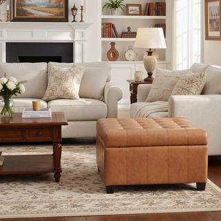 Sunvega Fabric Ottoman with Tufted Waffle Lid and Soft-Closing Hinges for Storage