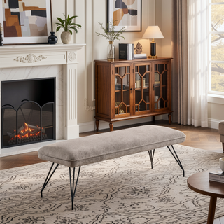 Sunvega Modern Upholstered Dining Bench with Gray Fabric and Hairpin Legs