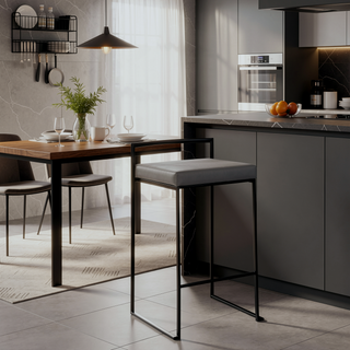 Sunvega Black Metal Counter Stool Set with Grey Faux Leather Cushion