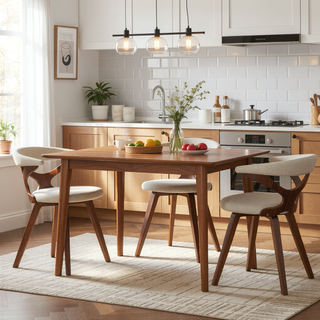 Sunvega Mid-Century Modern Swivel Dining Chair with Cream Fabric and Walnut Legs
