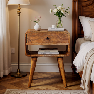 Sunvega Mid-Century Modern Oak-ish Nightstand with Drawer and Open Shelf