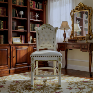 Sunvega Antique Pearl Finish PU Leather Side Chair with Floral Molding Wood Backrest