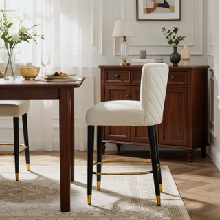 Sunvega Modern Bar Stool with Tufted Backrest and Gold Footrest for Home Bar