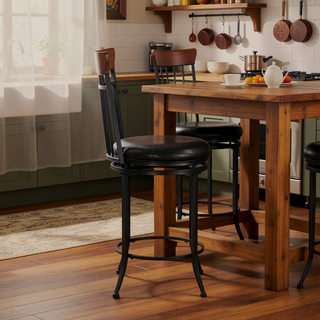 Sunvega Black Metal Frame Swivel Counter Height Chair with Brown Faux Leather Upholstery