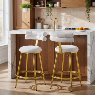 Sunvega Light Gray Velvet Counter Stools Set of 2 with Iron Frame and Footrest