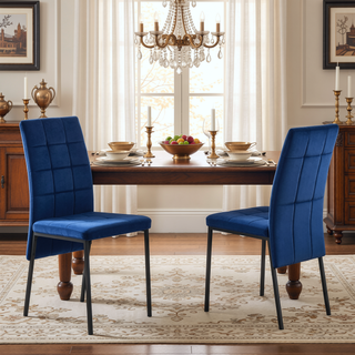 Sunvega Dark Blue Velvet High Back Nordic Dining Chair with Golden Legs Set Of 4