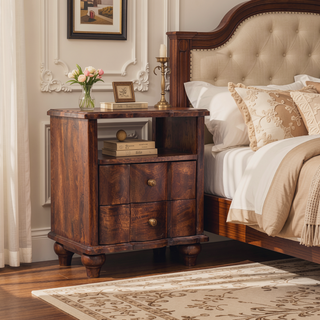 Sunvega Solid Mango Wood Handcrafted Bedside Table with 2 Drawers