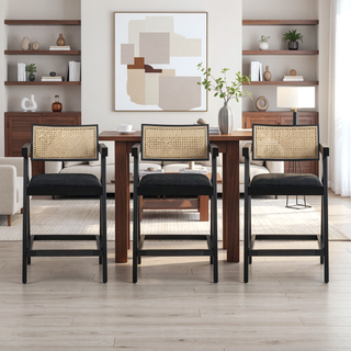Sunvega Milan Modern Resin Webbing Back Bar Stool with Arms Set of 3 Ebony Black Boucle