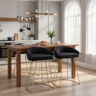 Sunvega Gold Metal Frame Counter Stool with Black Velvet Upholstered Seat and Backrest