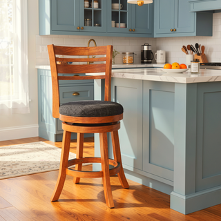 Sunvega Cherry Finish Beige Fabric Slat Back Swivel Stool for Counter Height