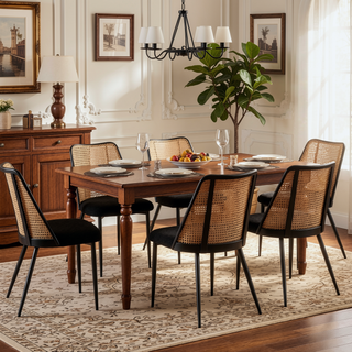 Sunvega Hand-Woven Natural Cane Back Upholstered Rattan Dining Chairs Set of 4