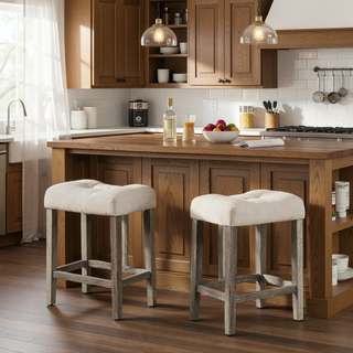 Sunvega Linen Blend Upholstered Side Chair Set of 2 with Oak Finish for Dining Room