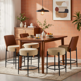 Sunvega Mid-Century Modern Kitchen Stools Set of 4 with White Boucle Upholstery and Metal Base