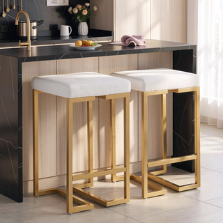 Sunvega Gold Contemporary Glam Counter Stool with White Velvet Cushion Set of 2