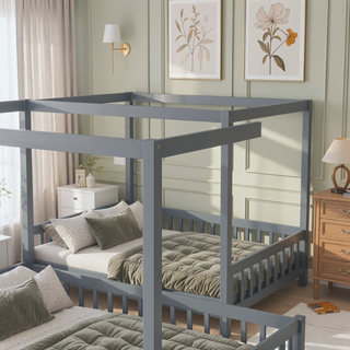 Sunvega Wooden Canopy Frame Floor Bed with Guardrails for Safety and Privacy