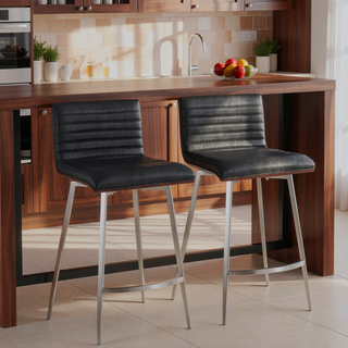 Sunvega Mason Contemporary Swivel Counter Stool with Walnut Wood Back and Tufted Faux Leather Seat