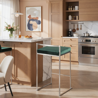 Sunvega Contemporary Stackable Counter Stool with Green Velvet Cushion and Stainless Steel Frame