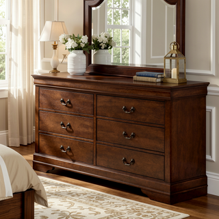 Sunvega Brown Wooden Dresser with Six Drawers and Metal Hardware