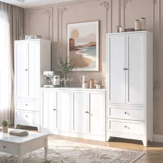 Sunvega Modern Kitchen Pantry Cabinet with Glass Doors and Adjustable Shelves for Living Room