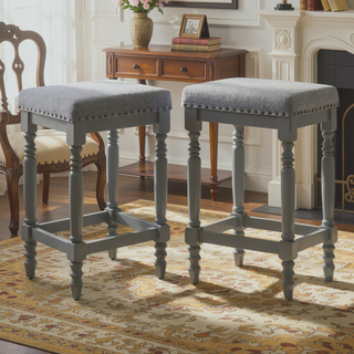 Sunvega Distressed Wooden Farmhouse Barstools with Faux Leather Seat, Counter-Height