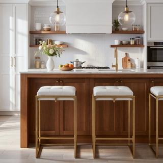 Sunvega Beige and Gold Square Counter Height Stools with Button Tufting and Footrest