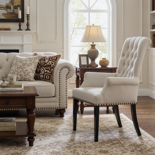 Sunvega Norwich Sand Upholstered Dining Arm Chair with Button-Tufted Back and Nailhead Trim