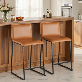 Sunvega Modern Black Metal and Camel Faux Leather Counter Stool Set of 2