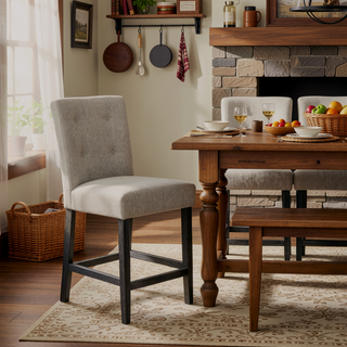 Sunvega Contemporary Fabric Button Tufted Counter Stools Set of 2 Light Grey