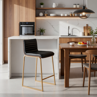 Sunvega Contemporary Fixed-Height Counter Stool with Tufted Faux Leather Seat and Walnut Wood Back
