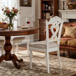 Sunvega Antique White Victorian Style Desk Chair with Gray Upholstered Cushioned Seat