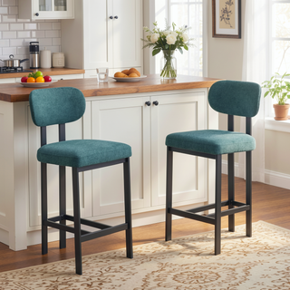 Sunvega Modern Upholstered Fabric Bar Stools Set of 2 with Black Metal Legs for Kitchen Island