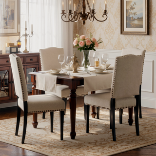 Sunvega Beige Polyester Upholstered Dining Chair with Bronze Studs