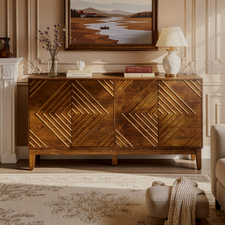 Sunvega Mid Century Modern Fluted Sideboard with Geometric Pattern and Adjustable Shelves