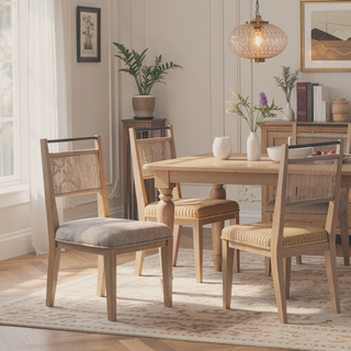 Sunvega Toffee Wood Finish Rope Back Chairs with Camel Upholstered Seats Set of 2