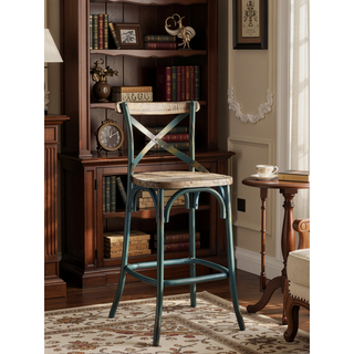 Sunvega Antique Turquoise and Oak Bar Stool with Cross Back and Wooden Seat