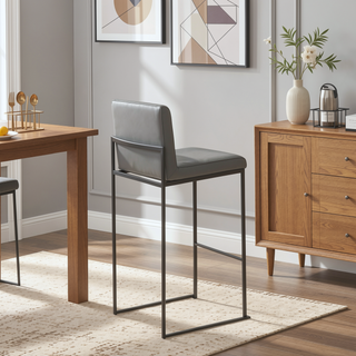 Sunvega Fuji Contemporary High Back Barstool Set of 2 in Black Steel and Grey Faux Leather