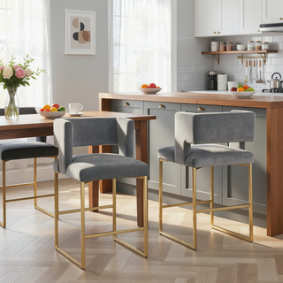 Sunvega Modern Velvet Upholstered Counter Stool Set of 2 with Gold Metal Legs