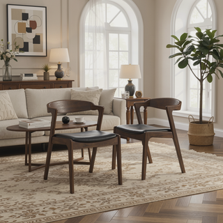 Sunvega Mid-Century Modern Walnut Solid Wood Black Leather Dining Chair Set