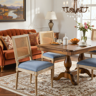 Sunvega French Country Dining Chairs with Cane Backrest Upholstered Seats and Fluted Legs