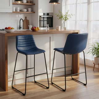 Sunvega Blue Faux Leather Upholstered Bar Chair Set with Channel Tufting