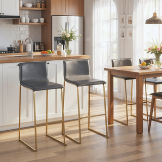 Sunvega Contemporary Gold Steel and Grey Faux Leather Barstools with Footrest Set of 2