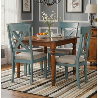 Sunvega Antique Blue Wood Cross Back Upholstered Dining Chairs with Tan Fabric Seat