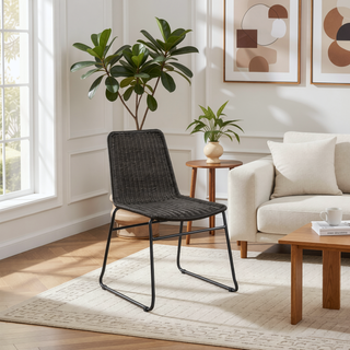 Sunvega Brown Faux Rattan Metal Dining Chair with Sled Base Set of 2
