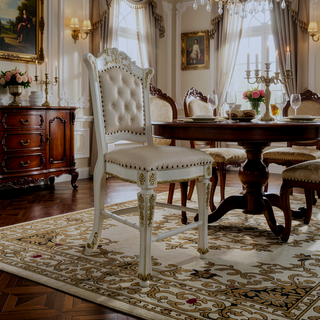 Sunvega Antique Pearl Finish PU Leather Side Chair with Floral Molding Wood Backrest