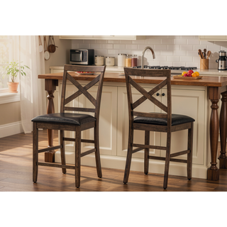 Sunvega Set of 2 Dark Walnut Brown Leather Look Counter Height Dining Chairs