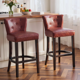 Sunvega Brown Wooden Bar Stools with Cow Top Leather Upholstered Seat and Backs